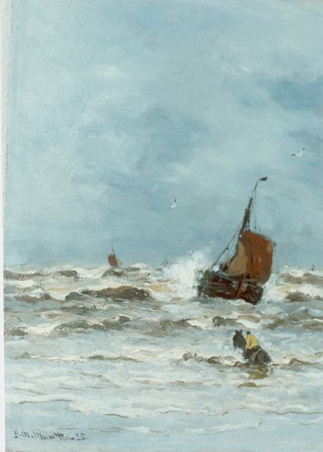 Munthe G.A.L.  | Fishing boat in the surf, Öl auf Holz 34,5 x 26,2 cm, signed l.l. und dated '25