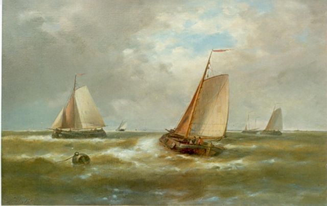 Abraham Hulk | Sailing boats leaving  harbour, Öl auf Leinwand, 39,0 x 59,5 cm, signed l.l.