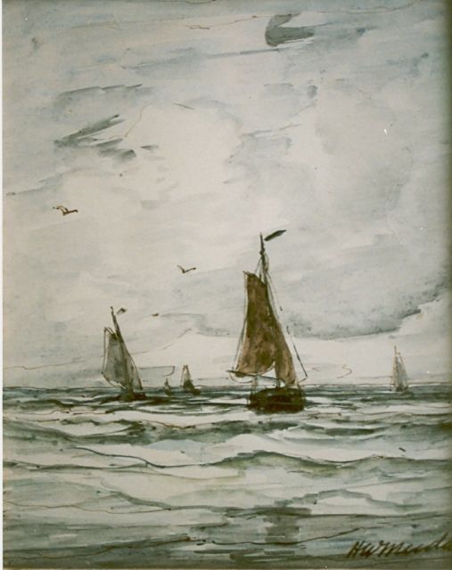 Hendrik Willem Mesdag | Sailing vessels in full sail, Aquarell auf Papier, 17,8 x 14,6 cm, signed l.r.