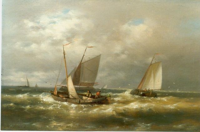 Abraham Hulk | Sailing boats in choppy waters, Öl auf Leinwand, 20,2 x 30,6 cm, signed l.l.