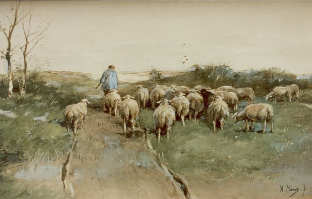 Anton Mauve | A shepherd and his flock, Aquarell auf Papier, 31,5 x 52,0 cm, signed l.r.
