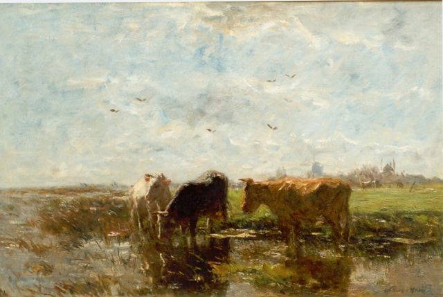 Willem Maris | Watering cows in a polder landscape, Öl auf Leinwand, 58,0 x 88,0 cm, signed l.r.