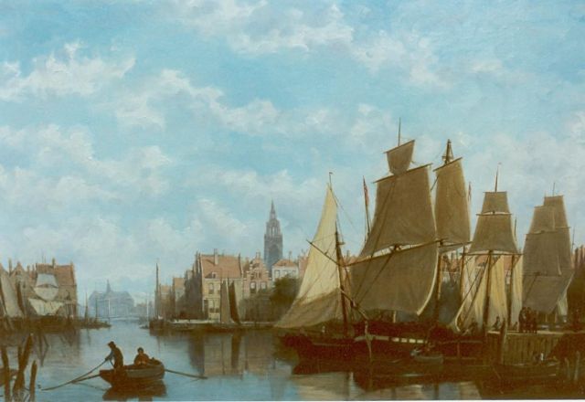 Johannes Frederik Hulk | A Dutch town with moored boats, Öl auf Leinwand, 57,0 x 81,0 cm, signed l.l.