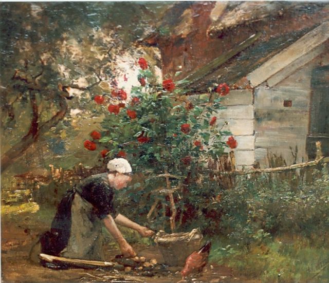 Henricus Joannes Mélis | Feeding the chicken, Öl auf Leinwand, 36,5 x 45,3 cm, signed l.r.