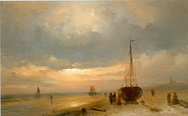 Charles Leickert | Figures on the beach at sunset, Öl auf Tafel, 17,3 x 29,8 cm, signed l.r.