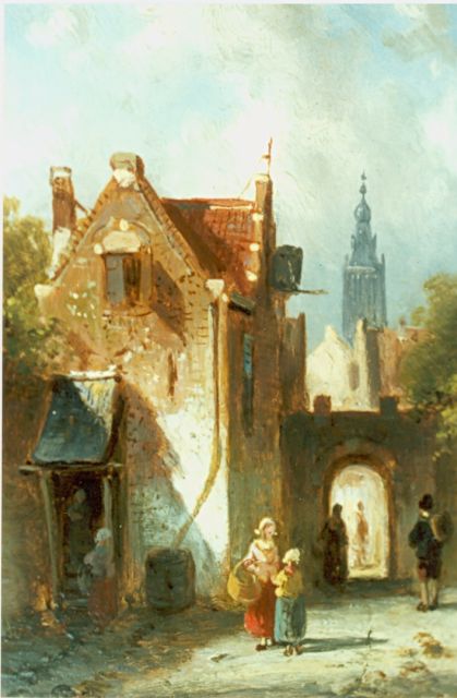 Charles Leickert | Figures in a sunlit street, Öl auf Tafel, 11,4 x 9,1 cm, signed l.l.