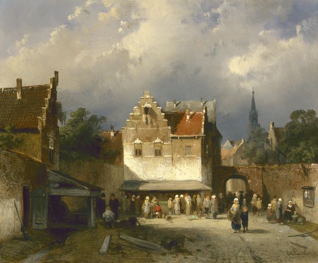 Charles Leickert | Market day, Amsterdam, Öl auf Tafel, 17,5 x 20,9 cm, signed l.r.