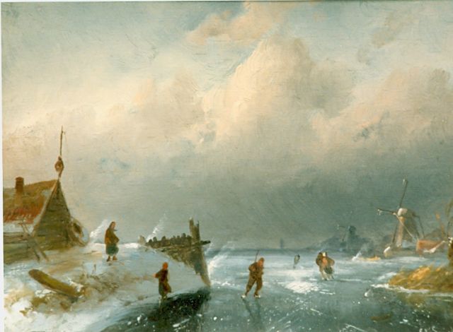 Charles Leickert | Skaters on a frozen waterway, Öl auf Holz, 18,0 x 24,4 cm, signed l.r.