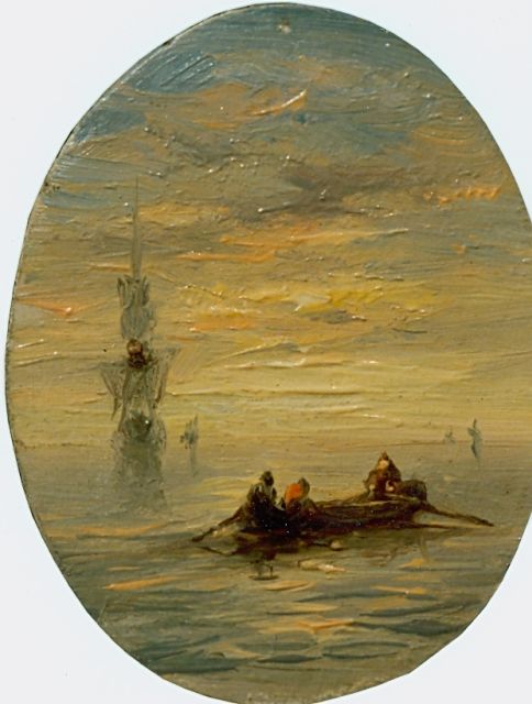 Jan H.B. Koekkoek | Figures in a barge at sunset, Öl auf Holz
