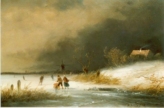 John Franciscus Hoppenbrouwers | Skaters on the ice at dusk, Öl auf Holz, 15,5 x 21,5 cm, signed l.r.
