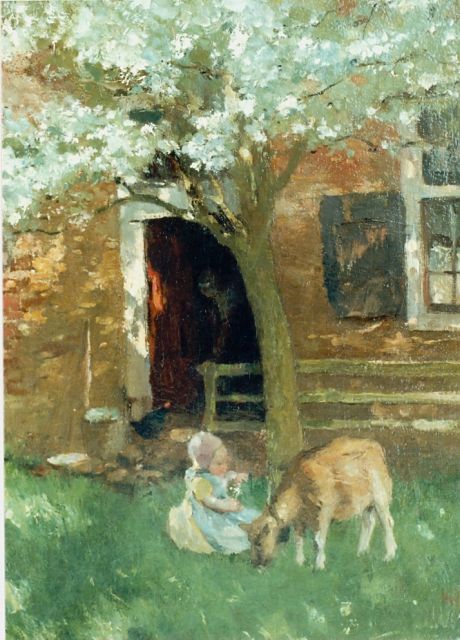 Albert Neuhuys | A yard with a girl and goat, Öl auf Leinwand, 50,5 x 38,8 cm, signed l.r.