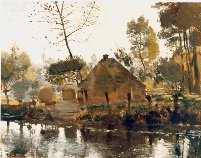 Frans Oerder | A farm along a waterway, Öl auf Pappe, 27,9 x 35,7 cm, signed l.l.