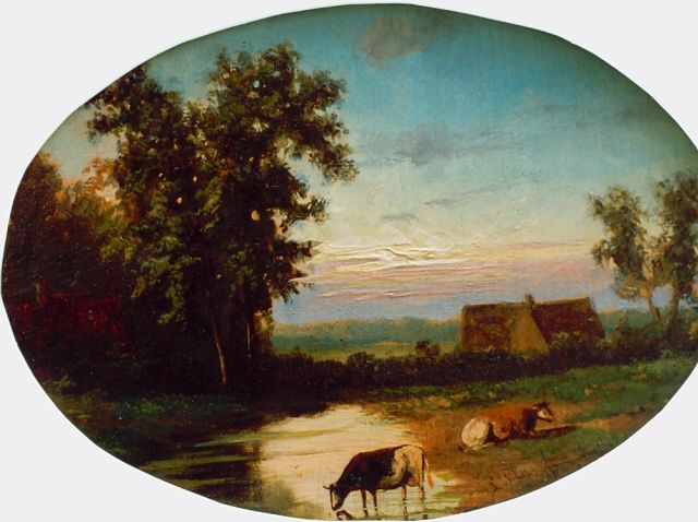 Louwerencius Plas | Landscape at dusk, Öl auf Holz, 12,3 x 17,7 cm, signed l.r.