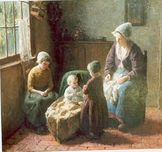 Bernard Pothast | Interior with mother and children, Öl auf Leinwand, 71,0 x 81,5 cm, signed l.r.