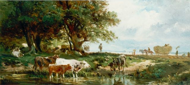Albert Jurardus van Prooijen | Watering cows, Öl auf Holz, 14,9 x 33,0 cm, signed l.r.
