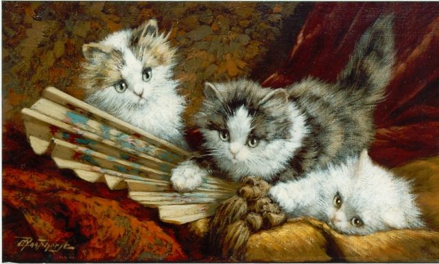 Cornelis Raaphorst | Kittens playing with a fan, Öl auf Leinwand, 20,0 x 35,0 cm, signed l.l.