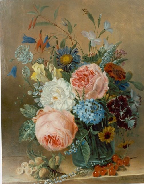 Ravenswaay A. van | A flower still life, Öl auf Holz 27,1 x 22,3 cm, signed l.r. und dated 1850