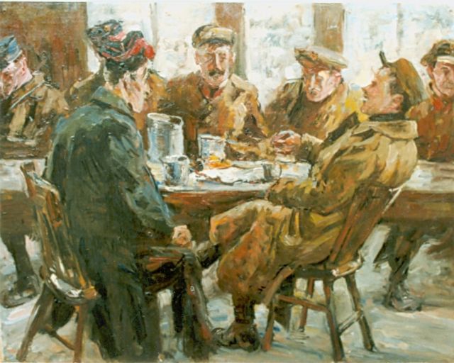Jan Hoynck van Papendrecht | Soldiers in a café, Öl auf Leinwand auf Holz, 30,2 x 39,5 cm