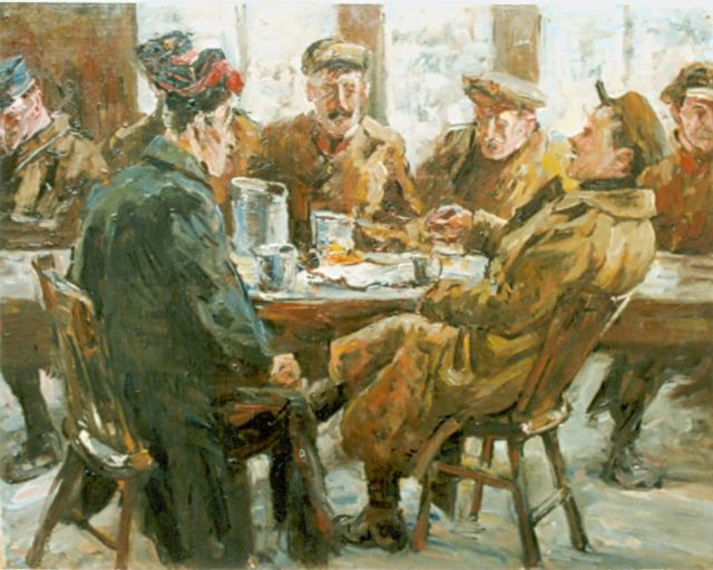 Jan Hoynck van Papendrecht | Soldiers in a café, Öl auf Leinwand auf Holz, 30,2 x 39,5 cm