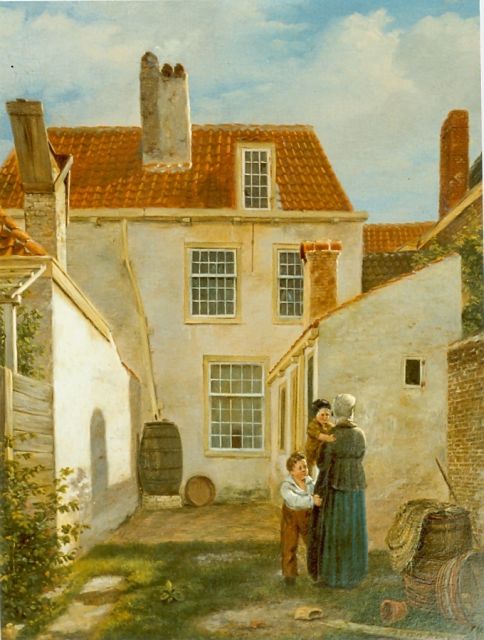 Bart van Hove | Mother with two children in a court yard, Öl auf Holz, 29,0 x 23,0 cm, signed l.r.