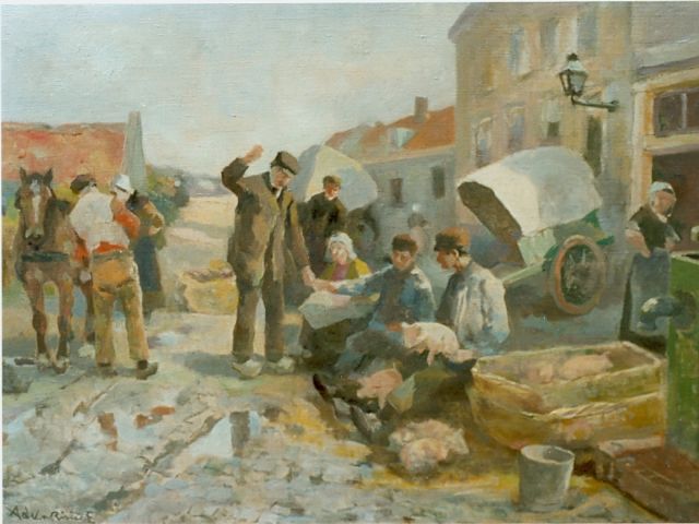 Adriaan de la Rivière | Market day, Öl auf Leinwand, 35,0 x 50,0 cm, signed l.l.