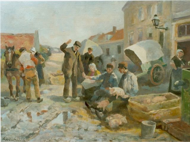 Rivière A.P. de la | Market day, Öl auf Leinwand 35,0 x 50,0 cm, signed l.l.