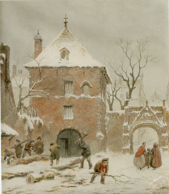Bart van Hove | A snow-covered landcsape with men gathering wood, Aquarell auf Papier, 25,5 x 22,5 cm, signed l.l.