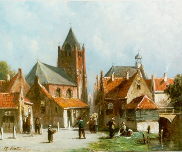 Petrus Gerardus Vertin | Figures in a town in summer, Öl auf Holz, 13,8 x 16,8 cm, signed l.l.