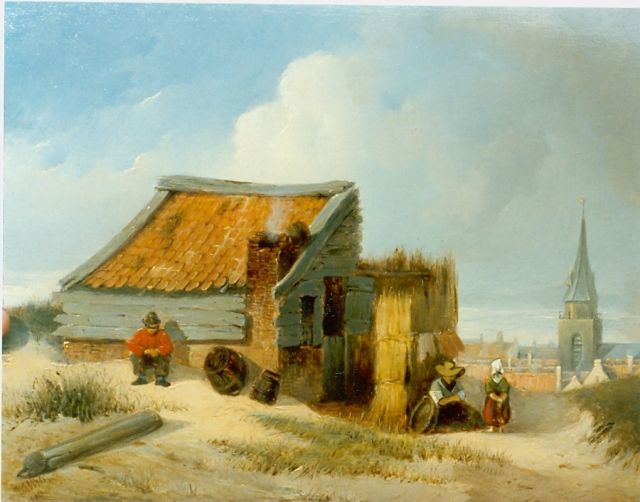 Petrus Gerardus Vertin | Figures in the dunes, with Scheveningen beyond, Öl auf Holz, 22,0 x 28,5 cm, signed l.l. und dated 1840