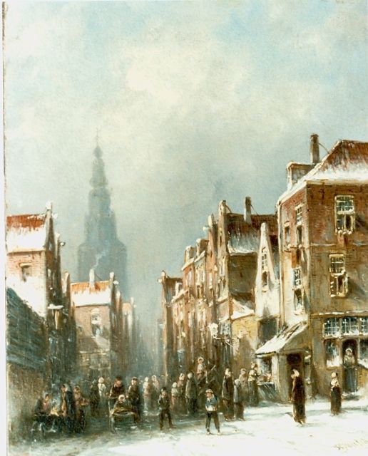 Petrus Gerardus Vertin | Figures in a snow-covered town, Öl auf Holz, 26,5 x 19,5 cm, signed l.r. und dated '56