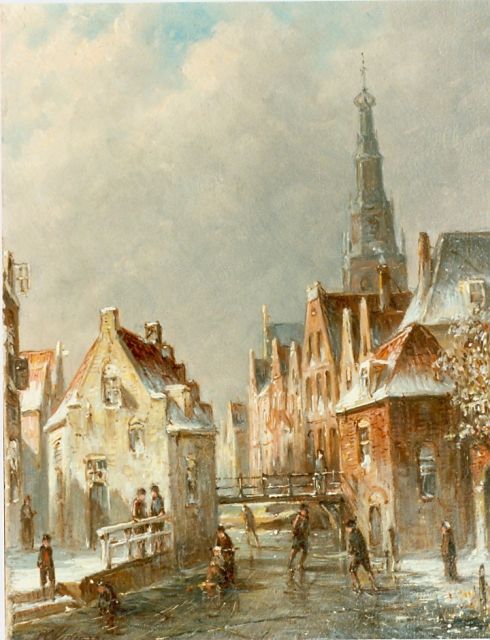 Petrus Gerardus Vertin | Canal with skaters, Öl auf Holz, 24,0 x 19,4 cm, signed l.l.