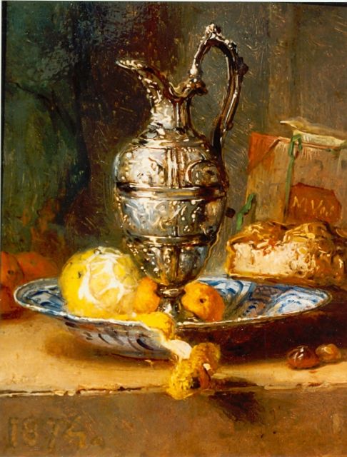 Maria Vos | Still life with a silver vase, a peeled lemon on a wanli plate, Öl auf Holz, 14,0 x 11,5 cm, signed l.l. und dated 1874