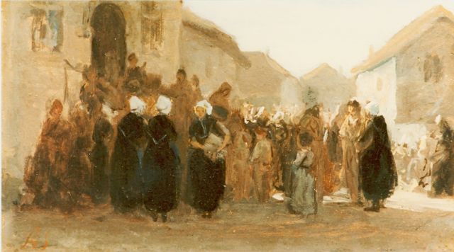 Philip Sadée | Figures on a village square, Öl auf Holz, 21,0 x 38,0 cm, signed l.l.