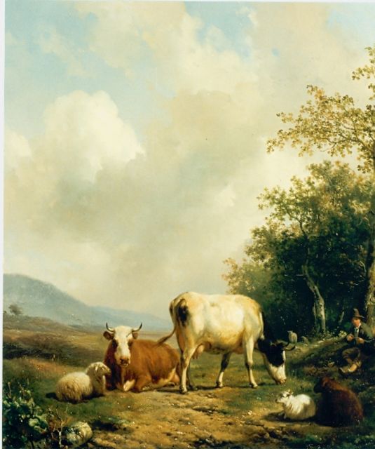 Sande Bakhuyzen H. van de | A shepherd and cattle in a landscape, Öl auf Holz 52,0 x 46,0 cm, signed l.l.