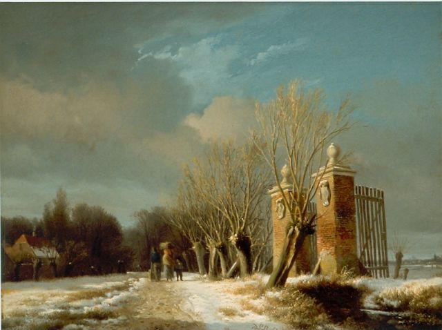 Hendrikus van de Sande Bakhuyzen | Travellers in a snow-covered landscape, Öl auf Holz, 21,0 x 16,9 cm, signed l.r.