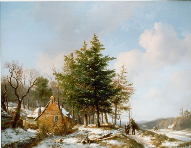Hendrikus van de Sande Bakhuyzen | A winter landscape with travellers gathering wood, Öl auf Holz, 46,8 x 60,0 cm, signed l.l.