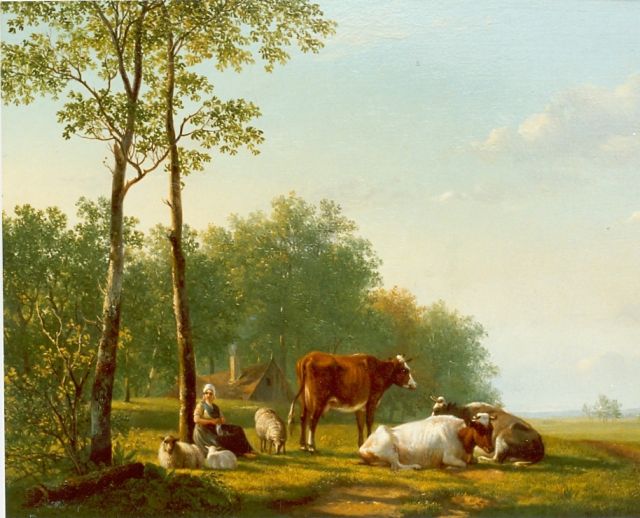 Hendrikus van de Sande Bakhuyzen | Peasant woman with cattle in a landscape, Öl auf Holz