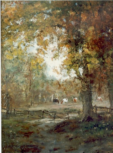 Julius Jacobus van de Sande Bakhuyzen | Autumn landscape with grazing cows, Öl auf Holz, 22,2 x 16,4 cm, signed l.r.
