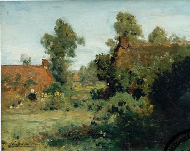 Julius Jacobus van de Sande Bakhuyzen | A farmstead, Öl auf Leinwand auf Holz, 23,6 x 31,0 cm, signed l.l.