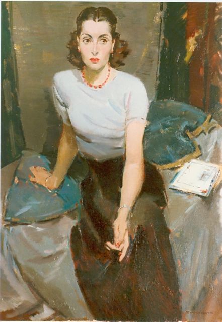 Piet van der Hem | Elegant lady on a sofa, Öl auf Leinwand, 120,0 x 80,0 cm, signed l.r.