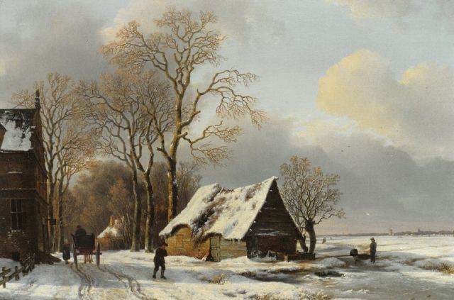 Andreas Schelfhout | Figures in a winter landscape with houses to the left, Öl auf Tafel, 63,0 x 79,0 cm