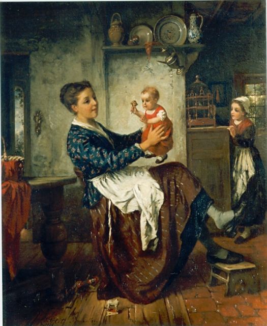 Joannes Christoffel Vaarberg | Interior with mother and child, Öl auf Holz, 35,5 x 28,0 cm, signed l.l.