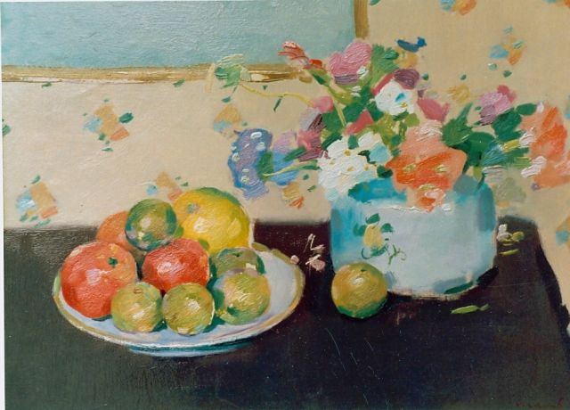 Frits Verdonk | Still life with flowers and a fruit bowl, Öl auf Holzfaser, 43,0 x 47,0 cm, signed l.r.