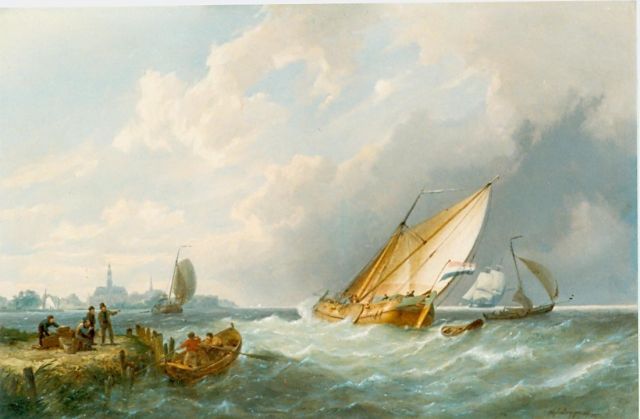Pieter Cornelis  Dommershuijzen | Sailing boats in a stiff breeze, Öl auf Holz, 40,8 x 61,0 cm, signed l.r. und dated 1871