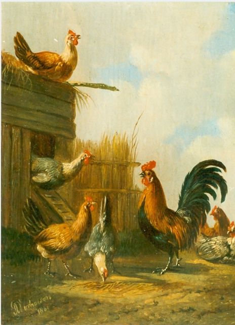 Verhoesen A.  | A hen on a chicken-ladder, Öl auf Holz 12,7 x 10,4 cm, signed l.l.