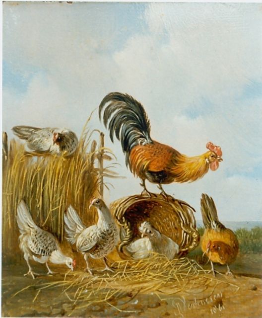 Albertus Verhoesen | A rooster and hens, Öl auf Holz, 12,5 x 10,2 cm, signed l.r. und dated 1861