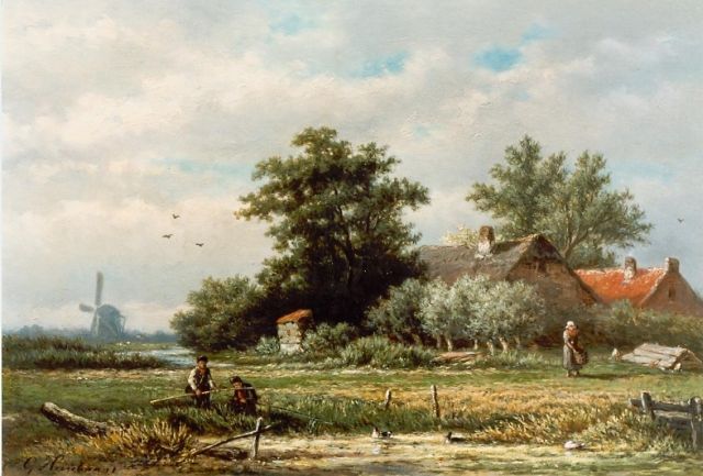 Georgius Heerebaart | Fishermen near a ditch, Öl auf Holz, 25,0 x 35,0 cm, signed l.l.