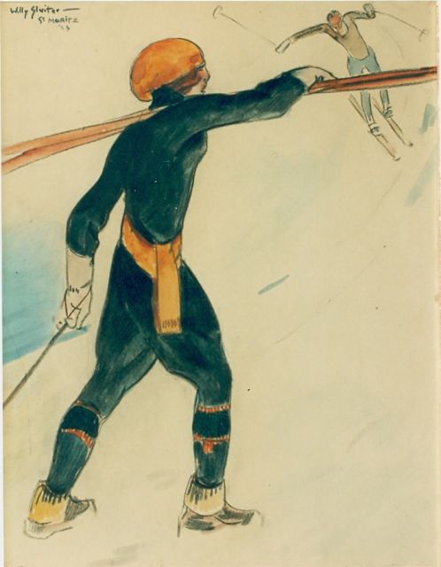 Willy Sluiter | Skiing holiday, Gemischte Technik auf Holzfaser, 48,0 x 37,0 cm, signed u.l.