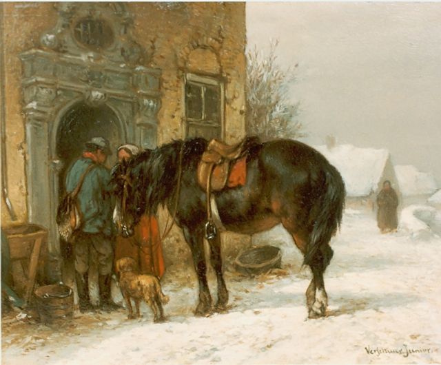 Wouter Verschuur jr. | Figures in a winter landscape, Öl auf Holz, 14,7 x 19,6 cm, signed l.r.