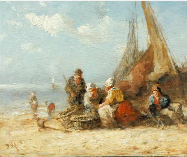 Jan Frederik Schütz | Fishermen on the beach, Öl auf Holz, 10,0 x 12,4 cm, signed l.l. with monogram und dated '37